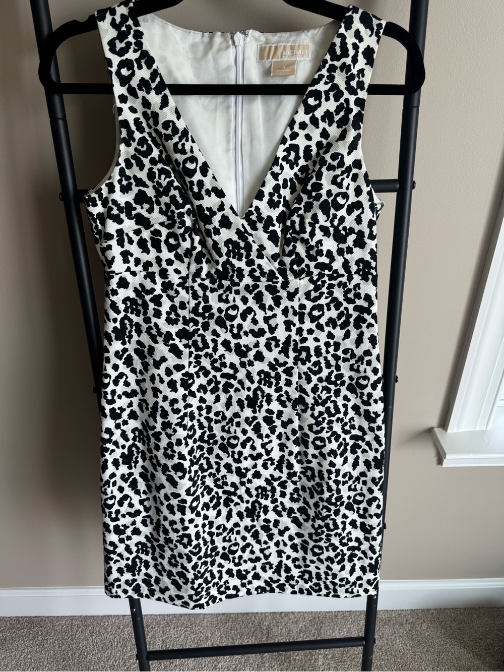 Michael Kors Black and White Leopard-Print V-Neck Midi Dress